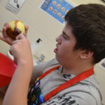 Uczeń obierający jabłko.