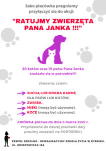 Plakat informacyjny akcji "Ratujmy zwierzęta pana Janka".