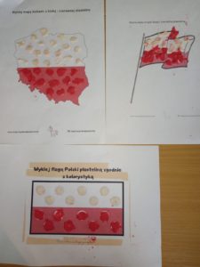 Prace plastyczne -flagi i mapa polski wyklajane plasteliną.