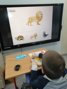 Uczeń podczas zadania wyboru identycxznego zwierzęcia na tablicy interaktywnej z wykorzystaniem dostosowanej myszki.