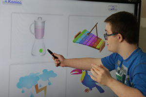 Uczeń wskazujący zadane zdjęcia na tablicy interaktywnej