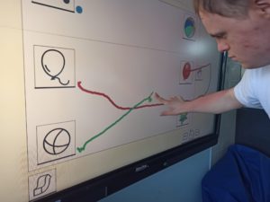 Uczeń podczas pracy na tablicy interaktywnej - zadanie rozwijające komunikację AAC z wykorzystaniem symboli MAKATON.