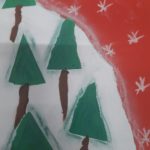 kartka bożonarodzeniowa prezentująca zielone choinki oraz śniezynki.
