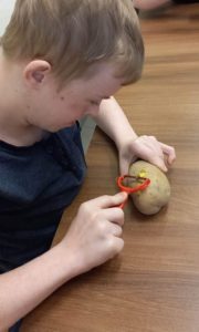 Uczeń obierający ziemniak.