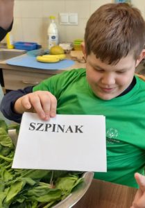 Uczeń trzymający napis szpinak przy misce wypełnionej liśćmi szpinaku.