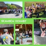 Kolaż zdjęć uczestników wycieczki podczas zwiedzania skansenu w Ochabach.