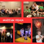 Kolaż zdjęć uczestników wycieczki podzcas zajęć i zwiedzania Muzeum Ognia w Żorach.