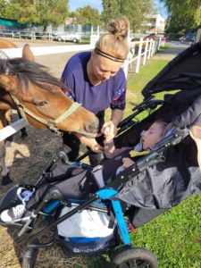 Teraputka z podopiecznym na wózku podczas karmienia konia.