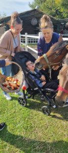 Teraputka oraz podopieczny na wózku wraz z rodzicem podzcas karmienia konia.