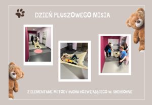 Kolaż zdjęć z realizacji Dnia Misia w przedszkolu z napisem dzień pluszowego misia
