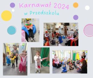 Kolaż zdjęć uczestników zabawy karnawałowej w przedszkolu.