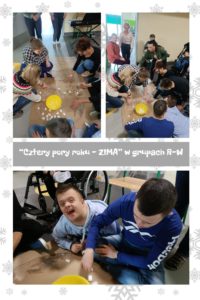 Kolaż zdjęć uczestników zimowych zajęć polisensorycznych w ośrodku R-W.