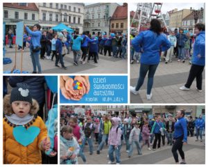 Kolaż zdjęć uczestników Dnia Świadomości Autyzmu podczas "niebieskiego spaceru i integracyjnego spotkania na w plenerze - na rybniku.