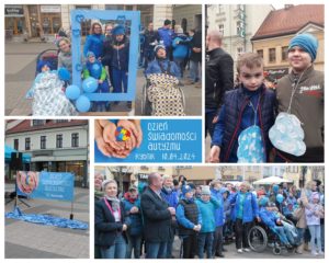 Kolaż zdjęć uczestników Dnia Świadomości Autyzmu podczas "niebieskiego spaceru i integracyjnego spotkania na w plenerze - na rybniku.