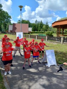 Grupa sportowców podczas rozgrzewki z kijami nordic walking w plenerze.