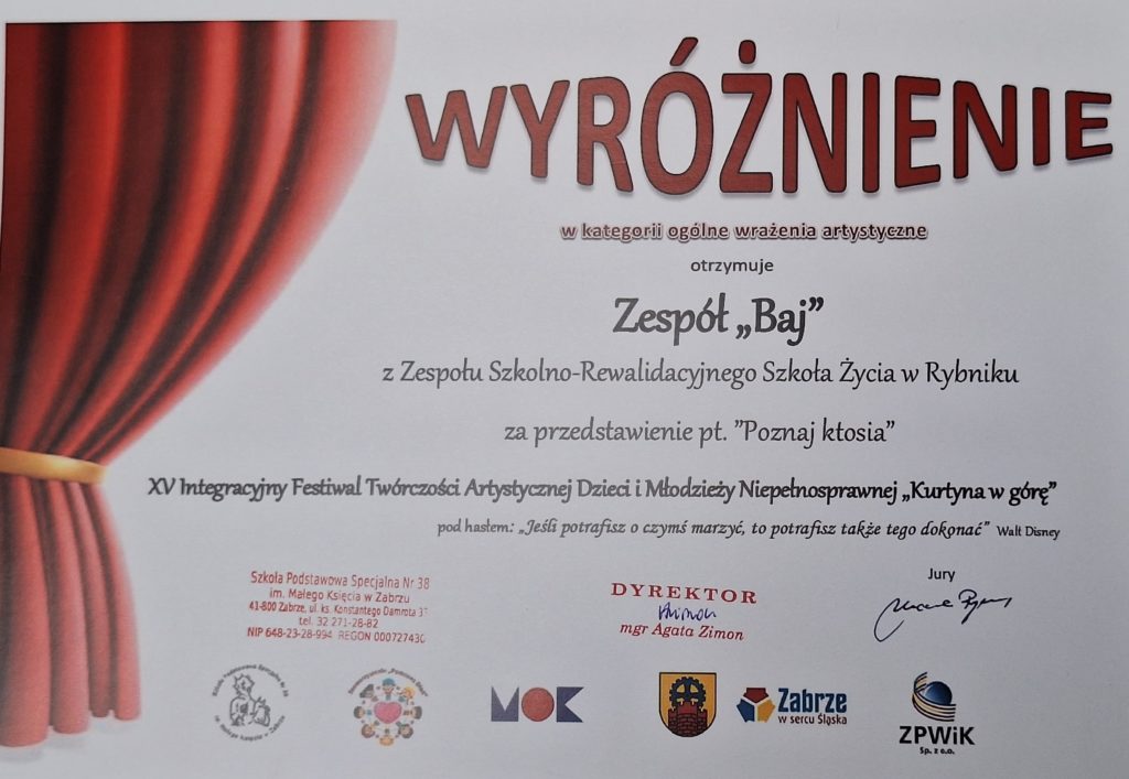Wyróżnienie dla Zespołu BAJ w XV Festiwalu Twórczości Artystycznej Dzieci i Młodzieży Niepełnosprawnej „Kurtyna w górę”!